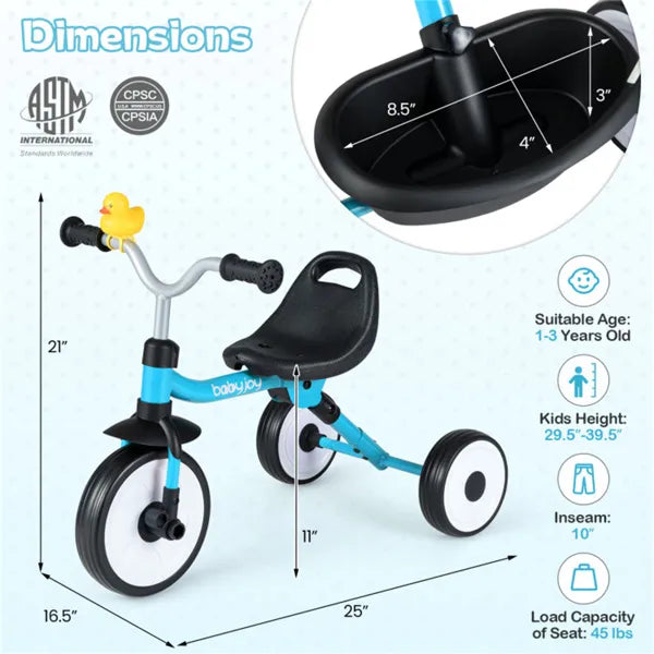 Toddler Tricycle With Rainbow LED Wheels, Foldable 3-in-1 Balance Bike With Carbon Steel Frame, Removable Pedals & Rear Storage Basket