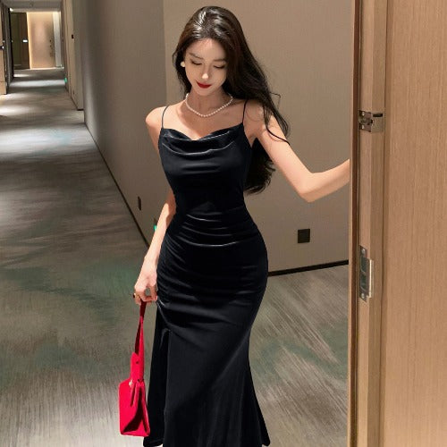 Golden Velvet Strapped Women's Tight Mermaid Long Dress