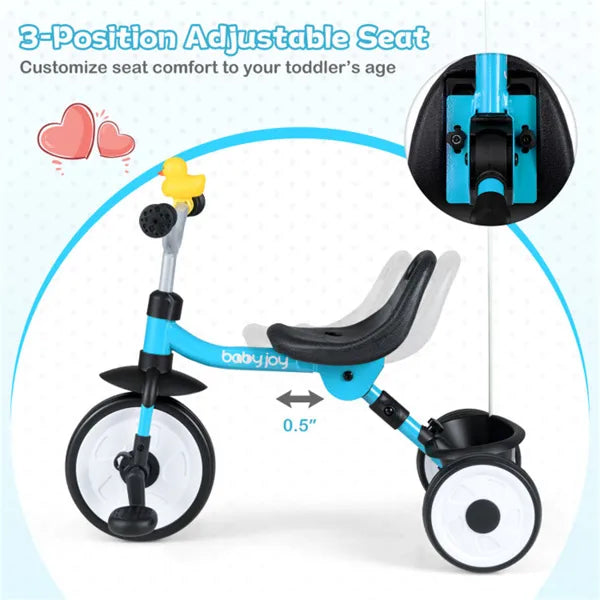 Toddler Tricycle With Rainbow LED Wheels, Foldable 3-in-1 Balance Bike With Carbon Steel Frame, Removable Pedals & Rear Storage Basket