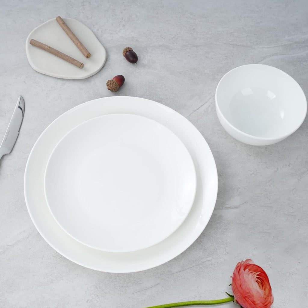 Jasmine Bone China Dinnerware Set, 16 Pieces, Service For 4, White Plates, Dishes, Bowls Set, Microwave And Dishwasher Safe
