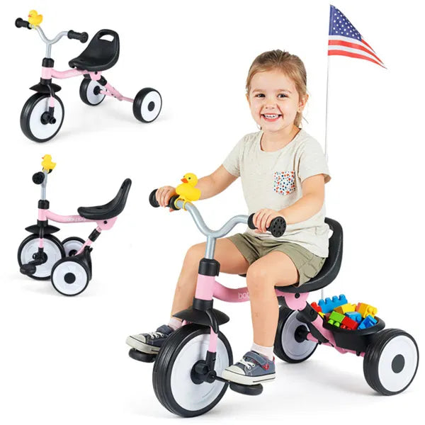 Toddler Tricycle With Rainbow LED Wheels, Foldable 3-in-1 Balance Bike With Carbon Steel Frame, Removable Pedals & Rear Storage Basket - Pink
